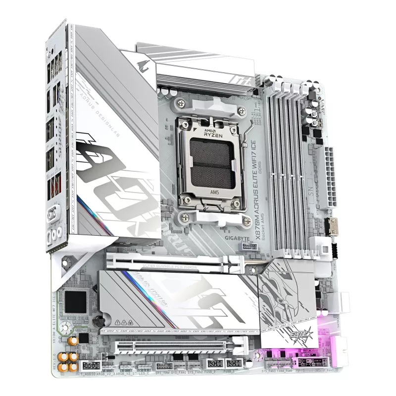 Placa-mãe GIGABYTE X870M AORUS ELITE WIFI7 ICE — Micro ATX, AMD X870, socket AM5, DDR5 até 8200MHz (O.C), 14+2+2 VRM, PCIe 5.0, Wi‑Fi 7, 2,5 GbE, USB4