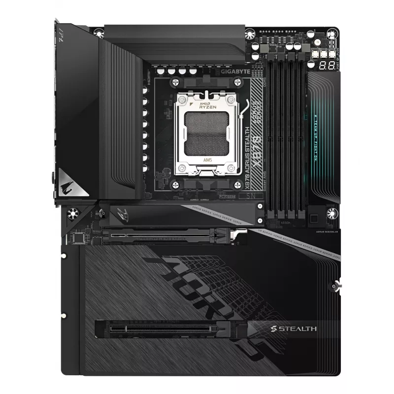 Placa-mãe GIGABYTE X870 AORUS STEALTH - suporta CPUs AMD Ryzen 9000, 16+2+2 fases VRM digital, até 8200Hz DDR5 (OC), 2xPCIe 5.0 + 2xPCIe 4.0, Wi-Fi 7, 5 GbE LAN, USB 4