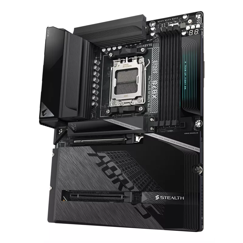 Placa-mãe GIGABYTE X870 AORUS STEALTH - suporta CPUs AMD Ryzen 9000, 16+2+2 fases VRM digital, até 8200Hz DDR5 (OC), 2xPCIe 5.0 + 2xPCIe 4.0, Wi-Fi 7, 5 GbE LAN, USB 4