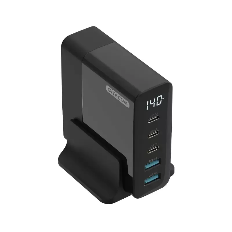 Carregador de dispositivos móveis Sitecom CH-1004 — Carregador universal AC de interior, entrada 100–240V, saída até 20V, 3× USB-C, preto