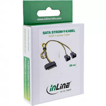 Cabo de alimentação SATA em Y InLine, conector fêmea SATA / 2x ficha 2 pinos para ventoinha, 0,30 m