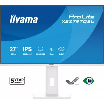 Monitor LED 27 polegadas IIYAMA ProLite XB2797QSU-W1 IPS Quad HD (2560x1440), ângulo de visão de 178°, hub USB 3.2, altifalantes, VESA, altura ajustável, branco