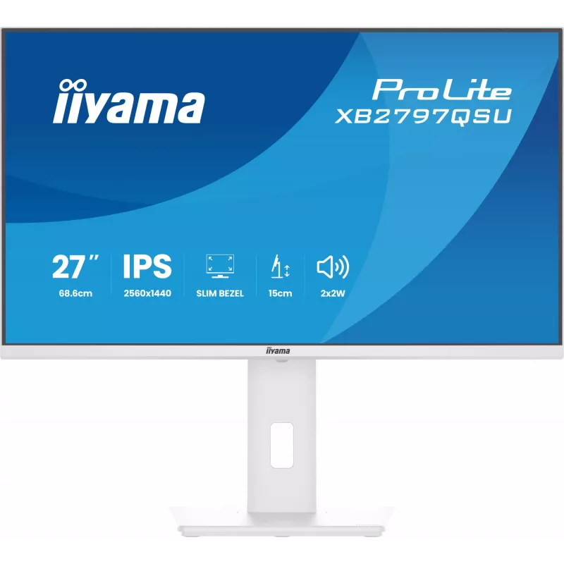 Monitor LED 27 polegadas IIYAMA ProLite XB2797QSU-W1 IPS Quad HD (2560x1440), ângulo de visão de 178°, hub USB 3.2, altifalantes, VESA, altura ajustável, branco