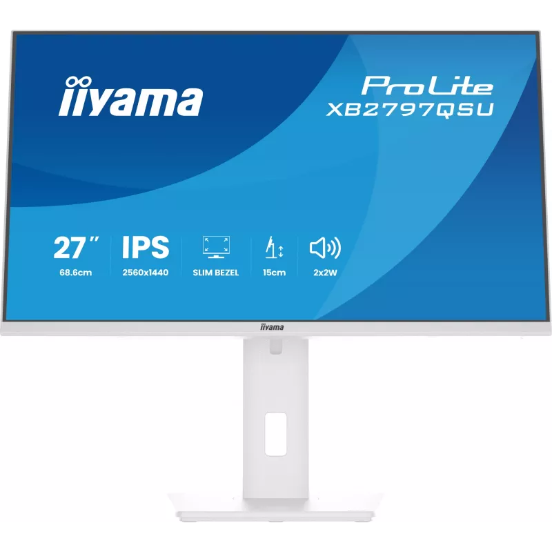 Monitor LED 27 polegadas IIYAMA ProLite XB2797QSU-W1 IPS Quad HD (2560x1440), ângulo de visão de 178°, hub USB 3.2, altifalantes, VESA, altura ajustável, branco