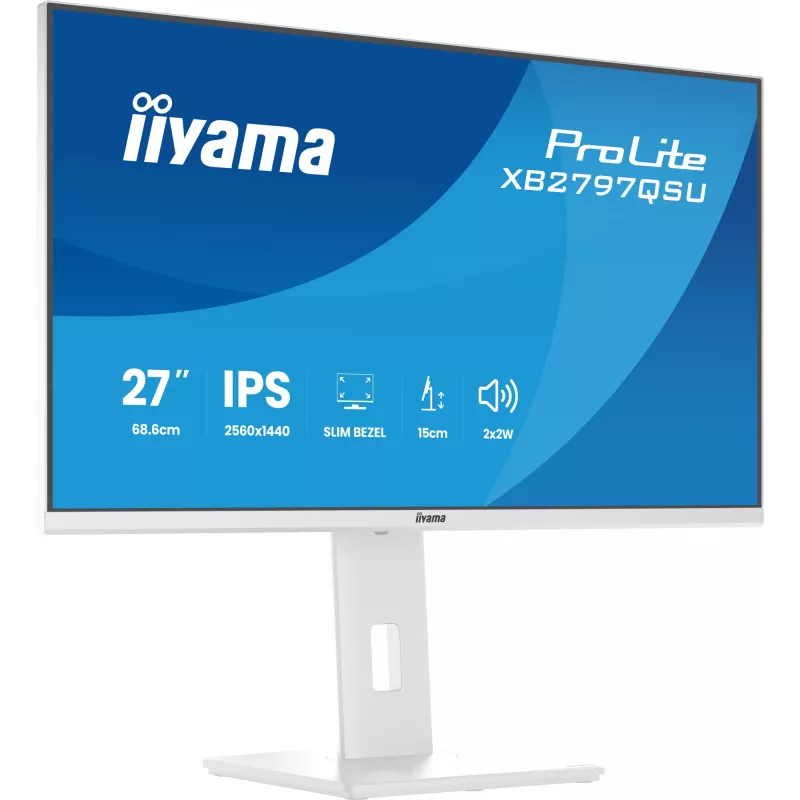 Monitor LED 27 polegadas IIYAMA ProLite XB2797QSU-W1 IPS Quad HD (2560x1440), ângulo de visão de 178°, hub USB 3.2, altifalantes, VESA, altura ajustável, branco