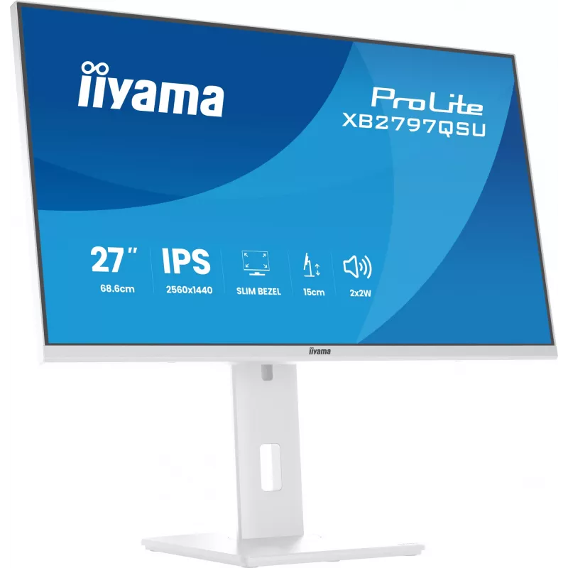 Monitor LED 27 polegadas IIYAMA ProLite XB2797QSU-W1 IPS Quad HD (2560x1440), ângulo de visão de 178°, hub USB 3.2, altifalantes, VESA, altura ajustável, branco