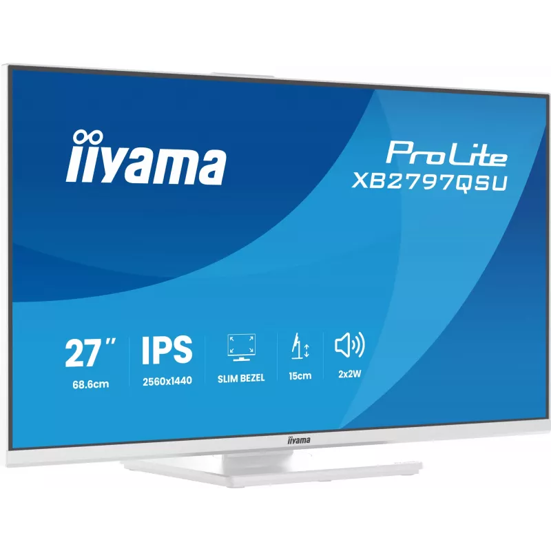 Monitor LED 27 polegadas IIYAMA ProLite XB2797QSU-W1 IPS Quad HD (2560x1440), ângulo de visão de 178°, hub USB 3.2, altifalantes, VESA, altura ajustável, branco