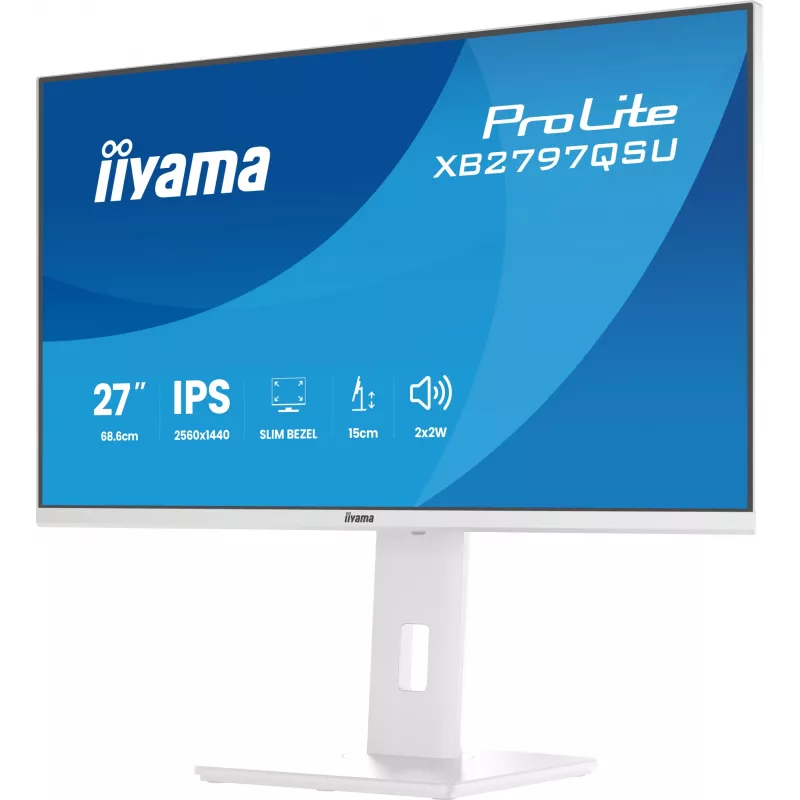 Monitor LED 27 polegadas IIYAMA ProLite XB2797QSU-W1 IPS Quad HD (2560x1440), ângulo de visão de 178°, hub USB 3.2, altifalantes, VESA, altura ajustável, branco