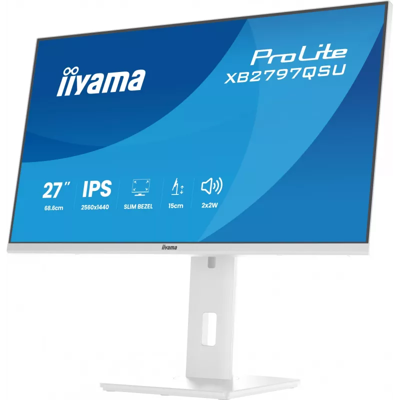 Monitor LED 27 polegadas IIYAMA ProLite XB2797QSU-W1 IPS Quad HD (2560x1440), ângulo de visão de 178°, hub USB 3.2, altifalantes, VESA, altura ajustável, branco