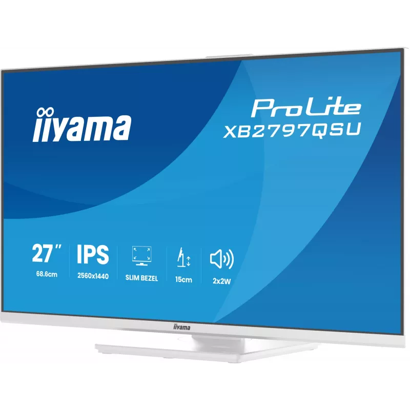 Monitor LED 27 polegadas IIYAMA ProLite XB2797QSU-W1 IPS Quad HD (2560x1440), ângulo de visão de 178°, hub USB 3.2, altifalantes, VESA, altura ajustável, branco