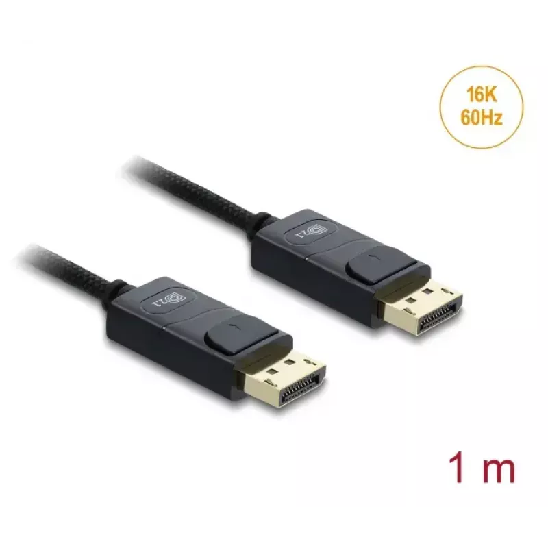 Cabo coaxial DisplayPort DELOCK 16K 60 Hz 80 Gbit/s revestimento entrelaçado 1 m, DisplayPort para DisplayPort, preto