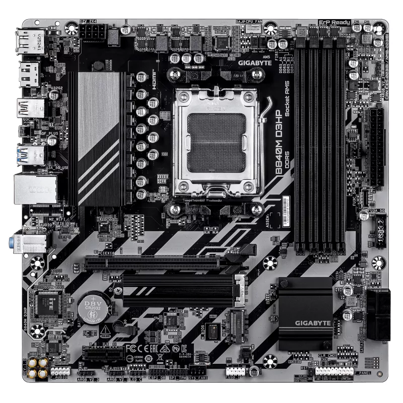 Placa-mãe GIGABYTE B840M D3HP - CPUs AMD Ryzen 9000, VRM 8+2+2 fases, até 8200MHz DDR5(O.C), 2xPCIe 4.0 M.2, LAN 1GbE, USB 3.2 Gen 2