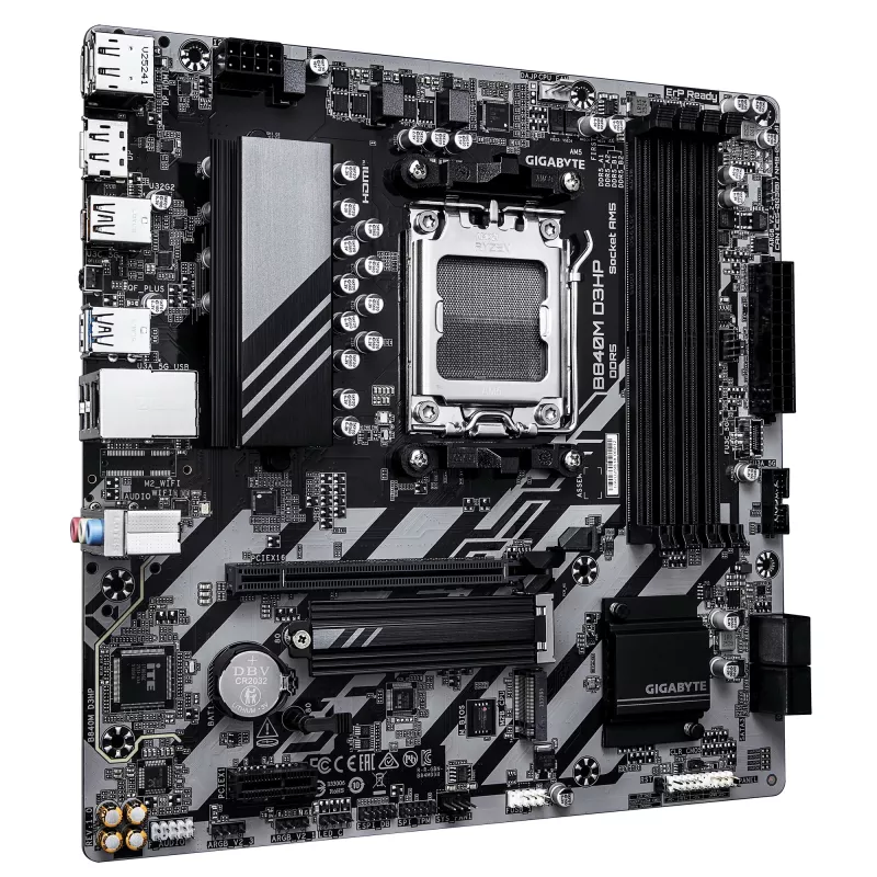 Placa-mãe GIGABYTE B840M D3HP - CPUs AMD Ryzen 9000, VRM 8+2+2 fases, até 8200MHz DDR5(O.C), 2xPCIe 4.0 M.2, LAN 1GbE, USB 3.2 Gen 2