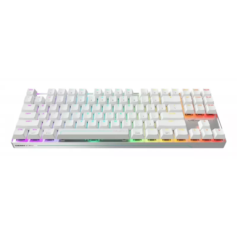 Teclado gaming sem fios Cherry MX 8.2 Pro TMR – Tenkeyless 88 teclas, USB + RF + Bluetooth, switches mecânicos magnéticos, RGB, Prateado/Branco