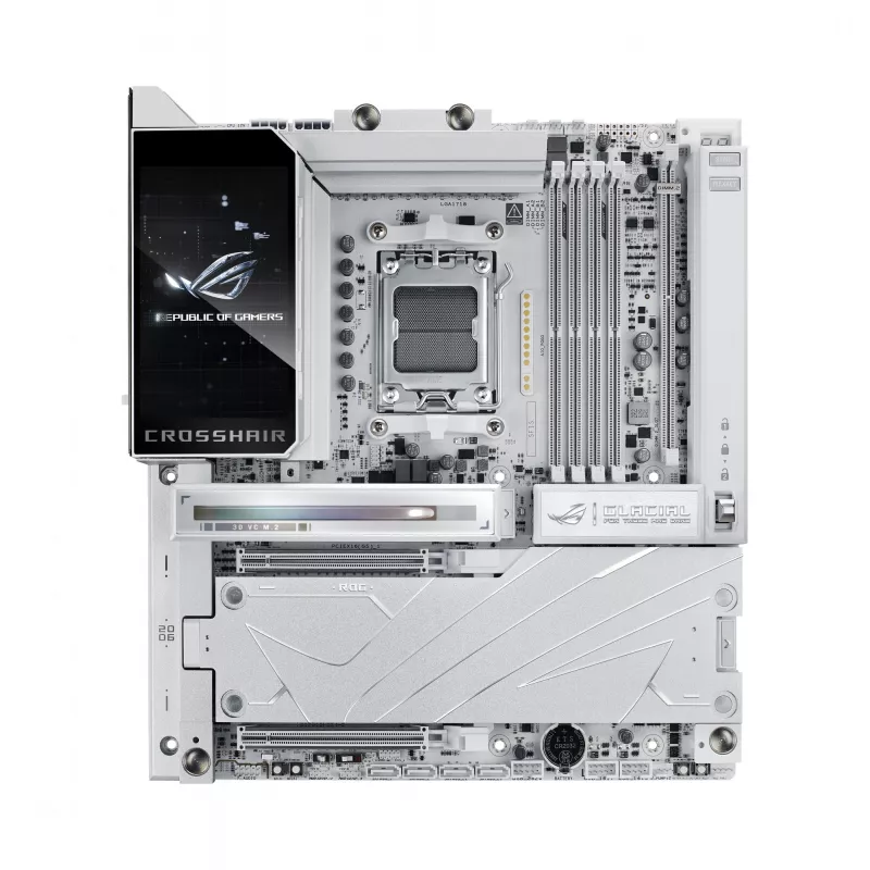 Placa-mãe ASUS ROG CROSSHAIR X870E GLACIAL — AMD X870E, Socket AM5, E-ATX, DDR5, até 256 GB, Wi‑Fi 7, Ethernet 10Gb