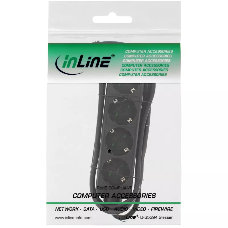 Régua de tomadas InLine, 4 tomadas Schuko CEE 7/3, preto, 1,5 m