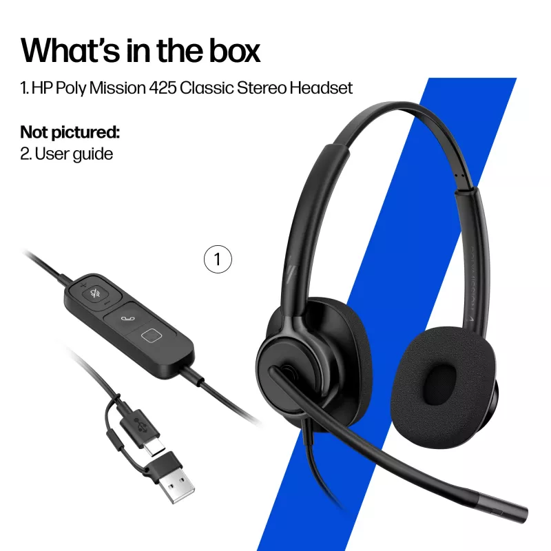 Headset estéreo com fios HP Poly Mission 425 Classic USB, over-ear, 126 g