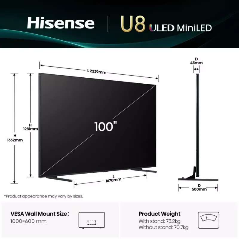 TV Hisense 100U8Q 100 polegadas (253 cm) Smart TV 4K ULED Mini LED, VIDAA, Wi-Fi, DVB-T2/C/S2, preto/cinzento