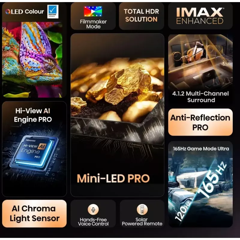 TV Hisense 100U8Q 100 polegadas (253 cm) Smart TV 4K ULED Mini LED, VIDAA, Wi-Fi, DVB-T2/C/S2, preto/cinzento