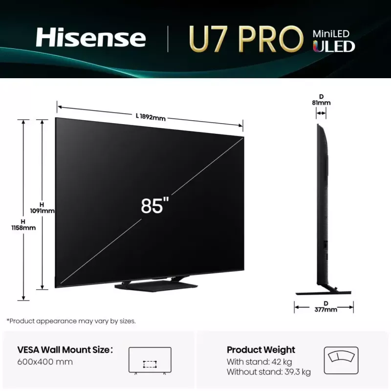 Hisense U7Q PRO 85U7Q PRO 2,16 m (85 polegadas) Smart TV 4K Ultra HD Wi-Fi preto 500 cd/m²
