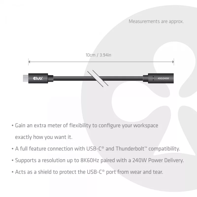 Cabo de extensão USB-C 40Gbps 1 m — club 3d, USB C para USB C, preto