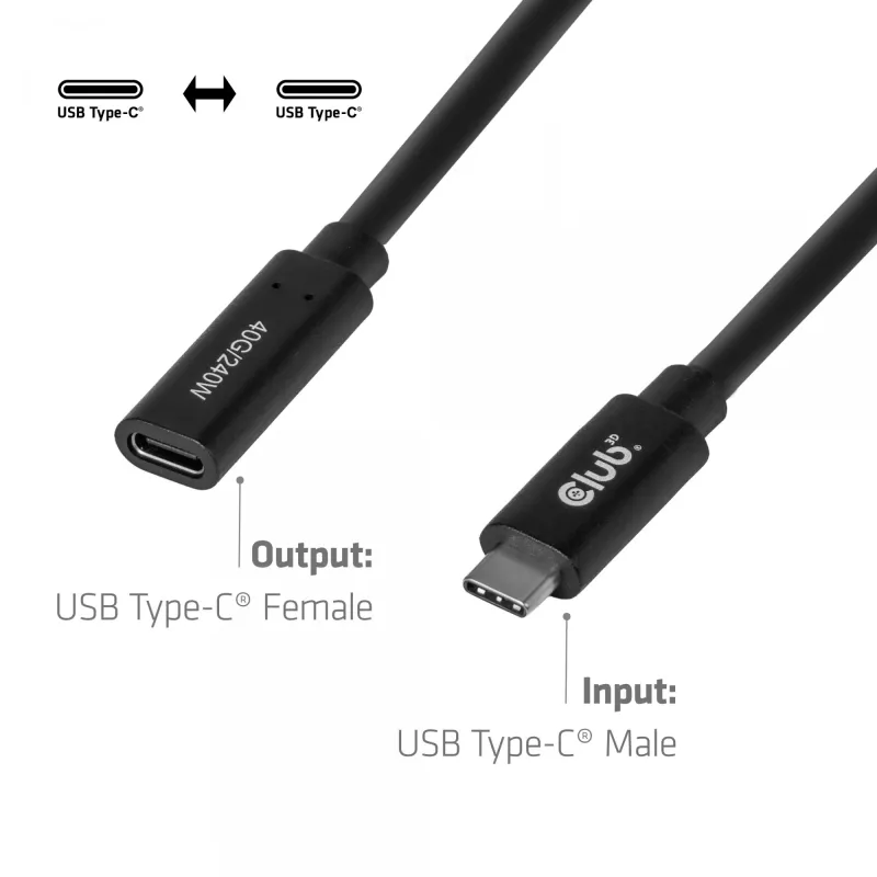 Cabo de extensão USB-C 40Gbps 1 m — club 3d, USB C para USB C, preto
