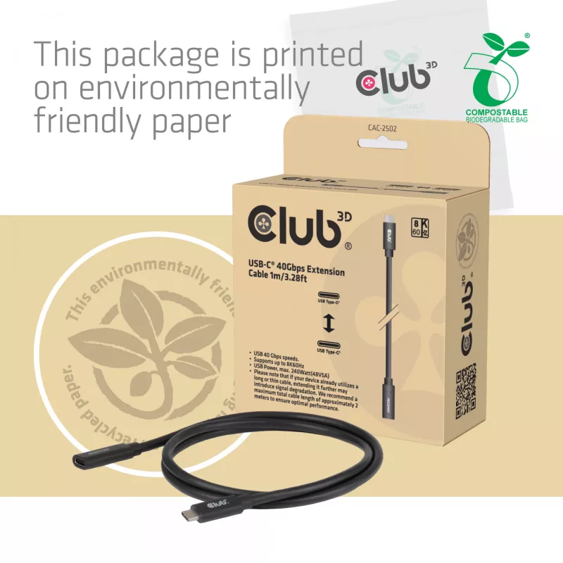 Cabo de extensão USB-C 40Gbps 1 m — club 3d, USB C para USB C, preto