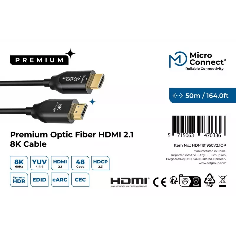 Cabo HDMI Microconnect HDM191950V2.1OP 2.1 4K 60Hz 8K 120Hz