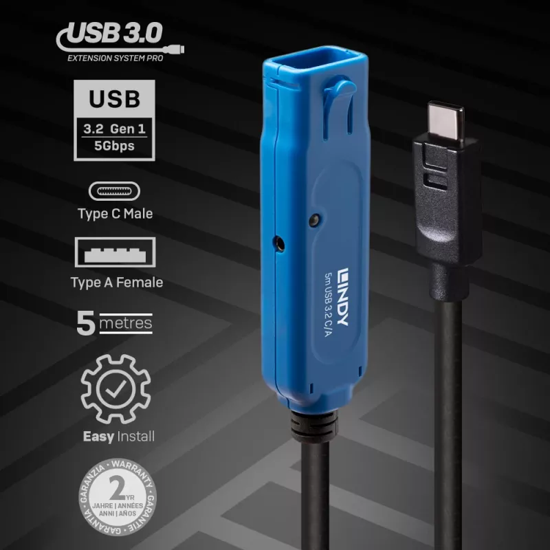 Lindy 5m USB 3.2 Gen 1 C/A Active Extension Pro, 5 m, USB C, USB A, USB 3.2 Gen 1 (3.1 Gen 1), preto