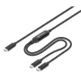 Cabo de carregamento duplo USB-C para USB-C Manhattan, 100 W, 2 m, ficha para duas fichas, cabo divisor inteligente, carrega dois dispositivos através de uma porta USB-C PD, fornece até 100 W em carregamento único e até 70 W + 28 W em carregamento duplo, cabo entrançado, fichas em alumínio, preto
