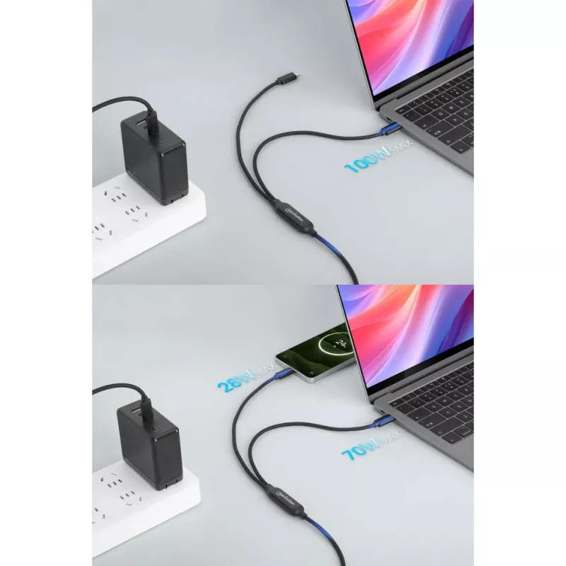 Cabo de carregamento duplo USB-C para USB-C Manhattan, 100 W, 2 m, ficha para duas fichas, cabo divisor inteligente, carrega dois dispositivos através de uma porta USB-C PD, fornece até 100 W em carregamento único e até 70 W + 28 W em carregamento duplo, cabo entrançado, fichas em alumínio, preto