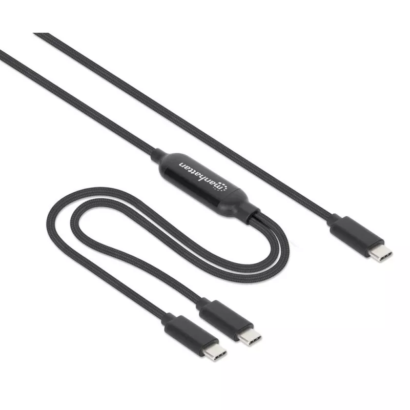 Cabo de carregamento duplo USB-C para USB-C Manhattan, 100 W, 2 m, ficha para duas fichas, cabo divisor inteligente, carrega dois dispositivos através de uma porta USB-C PD, fornece até 100 W em carregamento único e até 70 W + 28 W em carregamento duplo, cabo entrançado, fichas em alumínio, preto