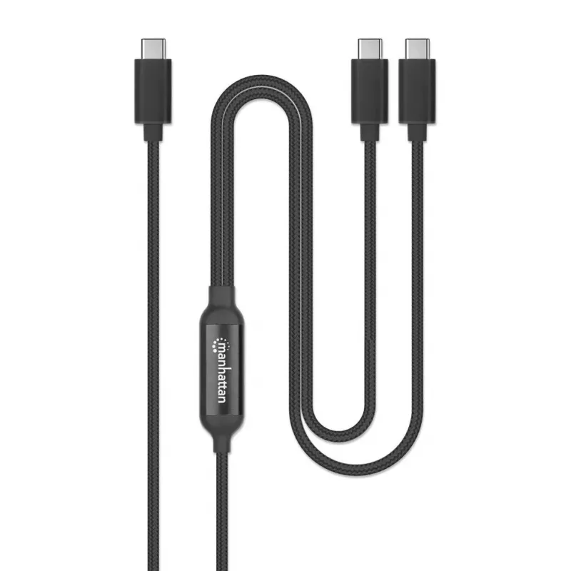 Cabo de carregamento duplo USB-C para USB-C Manhattan, 100 W, 2 m, ficha para duas fichas, cabo divisor inteligente, carrega dois dispositivos através de uma porta USB-C PD, fornece até 100 W em carregamento único e até 70 W + 28 W em carregamento duplo, cabo entrançado, fichas em alumínio, preto