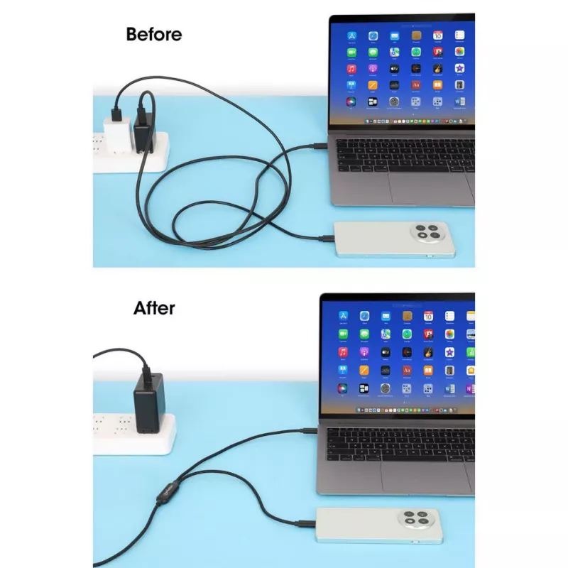 Cabo de carregamento duplo USB-C para USB-C Manhattan, 100 W, 2 m, ficha para duas fichas, cabo divisor inteligente, carrega dois dispositivos através de uma porta USB-C PD, fornece até 100 W em carregamento único e até 70 W + 28 W em carregamento duplo, cabo entrançado, fichas em alumínio, preto