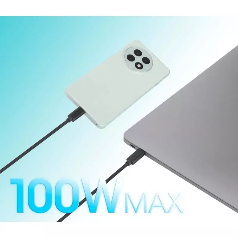 Cabo de carregamento duplo USB-C para USB-C Manhattan, 100 W, 2 m, ficha para duas fichas, cabo divisor inteligente, carrega dois dispositivos através de uma porta USB-C PD, fornece até 100 W em carregamento único e até 70 W + 28 W em carregamento duplo, cabo entrançado, fichas em alumínio, preto