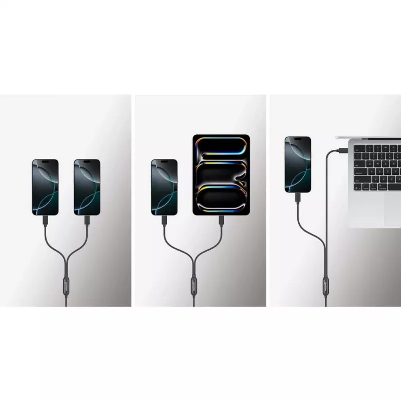 Cabo de carregamento duplo USB-C para USB-C Manhattan, 100 W, 2 m, ficha para duas fichas, cabo divisor inteligente, carrega dois dispositivos através de uma porta USB-C PD, fornece até 100 W em carregamento único e até 70 W + 28 W em carregamento duplo, cabo entrançado, fichas em alumínio, preto