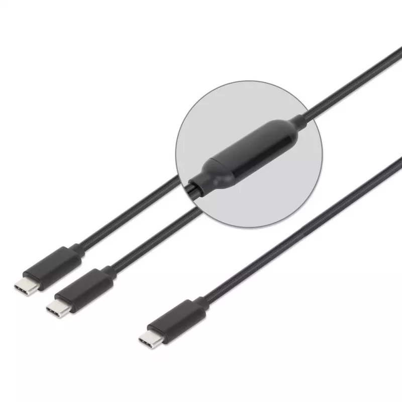 Cabo de carregamento duplo USB-C para USB-C Manhattan, 100 W, 2 m, ficha para duas fichas, cabo divisor inteligente, carrega dois dispositivos através de uma porta USB-C PD, fornece até 100 W em carregamento único e até 70 W + 28 W em carregamento duplo, cabo entrançado, fichas em alumínio, preto