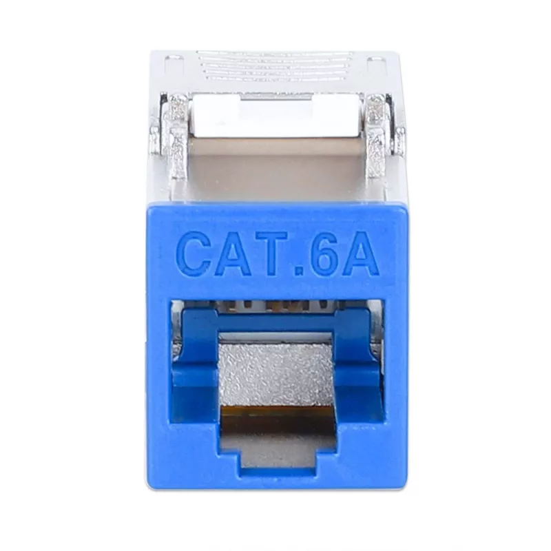 Keystone Jack Intellinet Cat6a 10G blindado sem ferramentas slim, plano, azul, RJ-45, IDC, conector fêmea, dourado