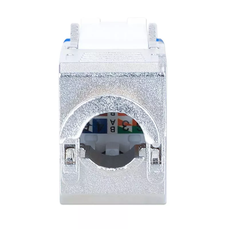 Keystone Jack Intellinet Cat6a 10G blindado sem ferramentas slim, plano, azul, RJ-45, IDC, conector fêmea, dourado