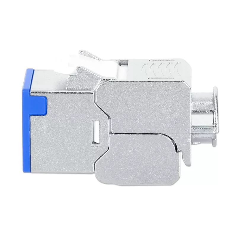 Keystone Jack Intellinet Cat6a 10G blindado sem ferramentas slim, plano, azul, RJ-45, IDC, conector fêmea, dourado