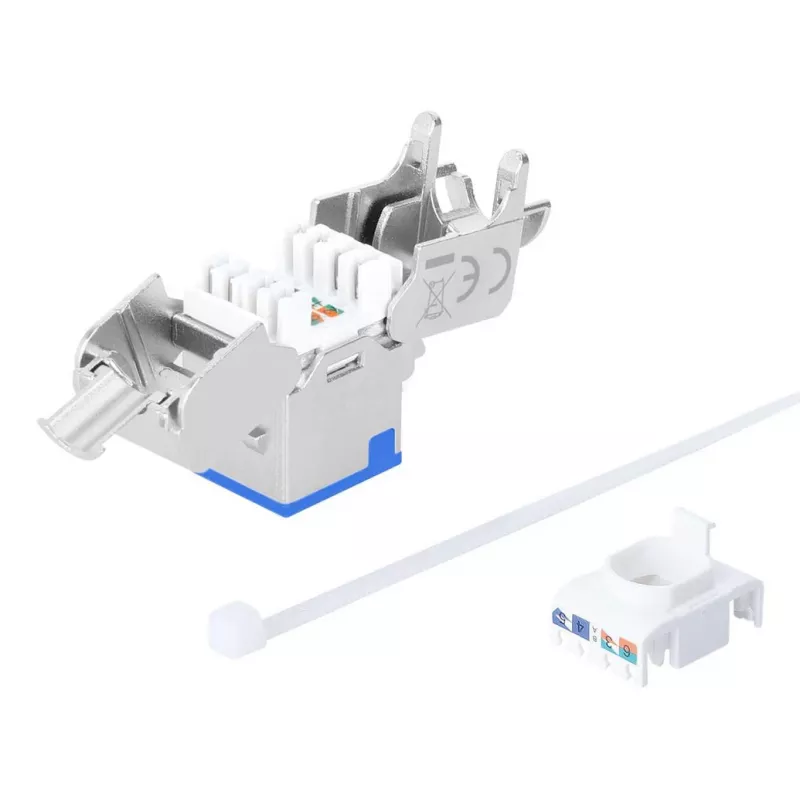 Keystone Jack Intellinet Cat6a 10G blindado sem ferramentas slim, plano, azul, RJ-45, IDC, conector fêmea, dourado