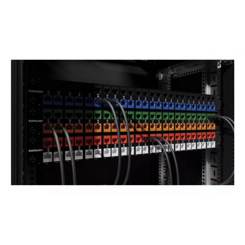 Keystone Jack Intellinet Cat6a 10G blindado sem ferramentas slim, plano, azul, RJ-45, IDC, conector fêmea, dourado