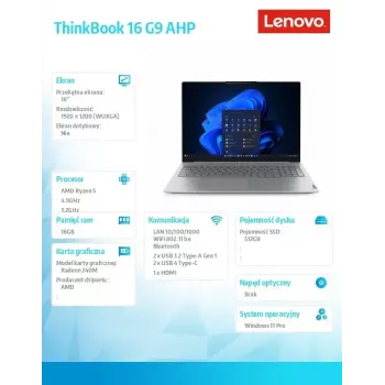 Portátil Lenovo ThinkBook 16 G9 21UT0077PB Windows 11 Pro, Intel (não especificado), 16,0 polegadas WQXGA, 16 GB RAM, 512 GB SSD, Cinzento Arctic