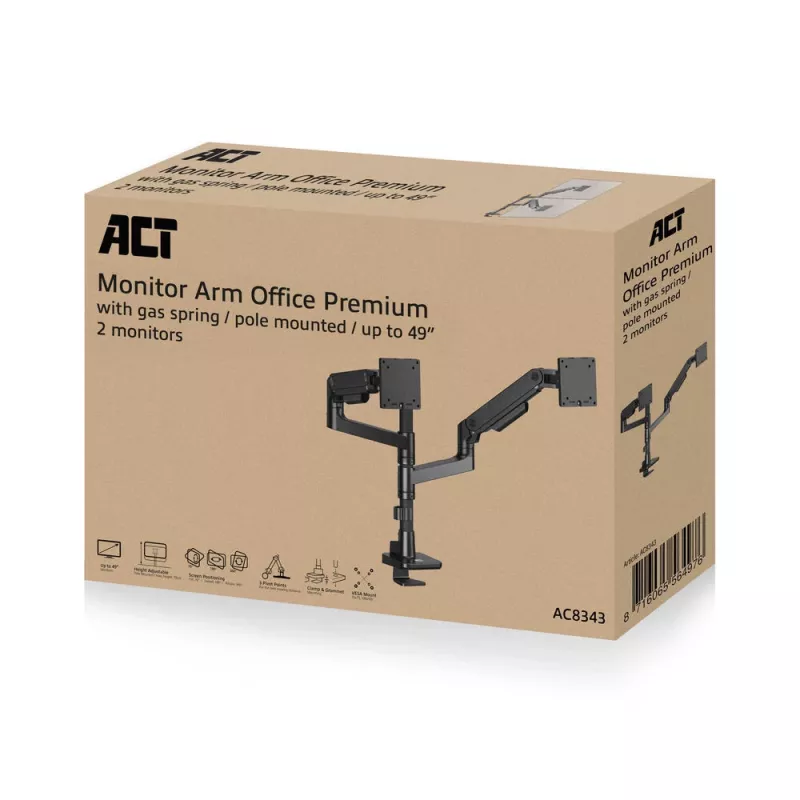 Braço de monitor ACT 49 polegadas Office Premium, mola a gás, montagem em mastro, 2 monitores