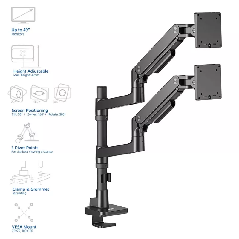 Braço de monitor ACT 49 polegadas Office Premium, mola a gás, montagem em mastro, 2 monitores