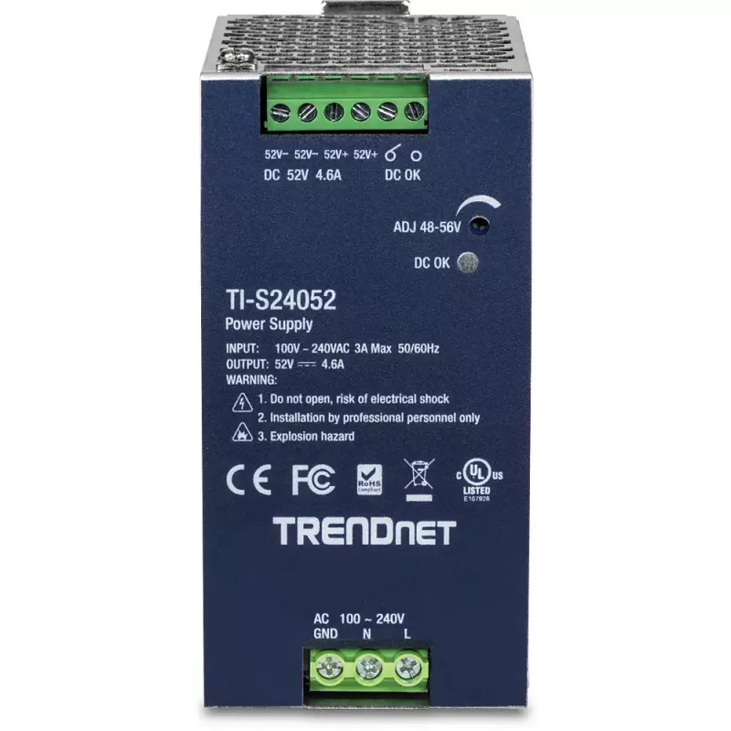 Fonte de alimentação TRENDNET TI-S24052 para switch de rede, 240W, AC 90–264V, proteção: OCP/OPP/OVP/OTP/curto-circuito, preto