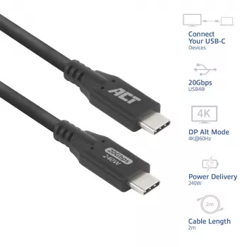 Cabo USB Type-C ACT USB4 20Gbps 240W, 2 metros, 2 m, USB C, USB C, USB4 Gen 2x2, 20 Gbit/s, preto