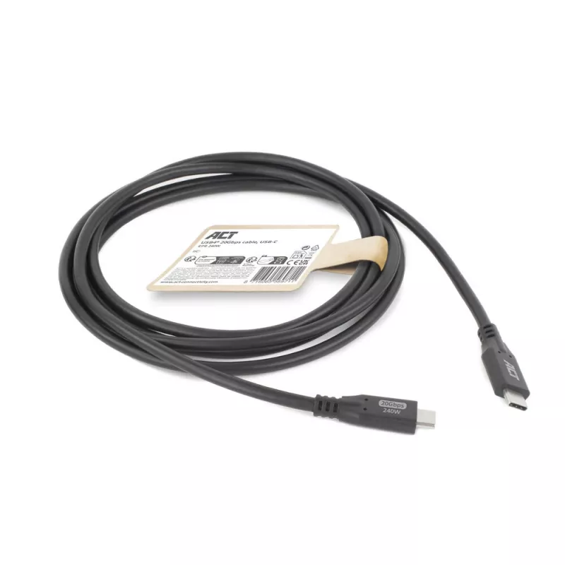 Cabo USB Type-C ACT USB4 20Gbps 240W, 2 metros, 2 m, USB C, USB C, USB4 Gen 2x2, 20 Gbit/s, preto