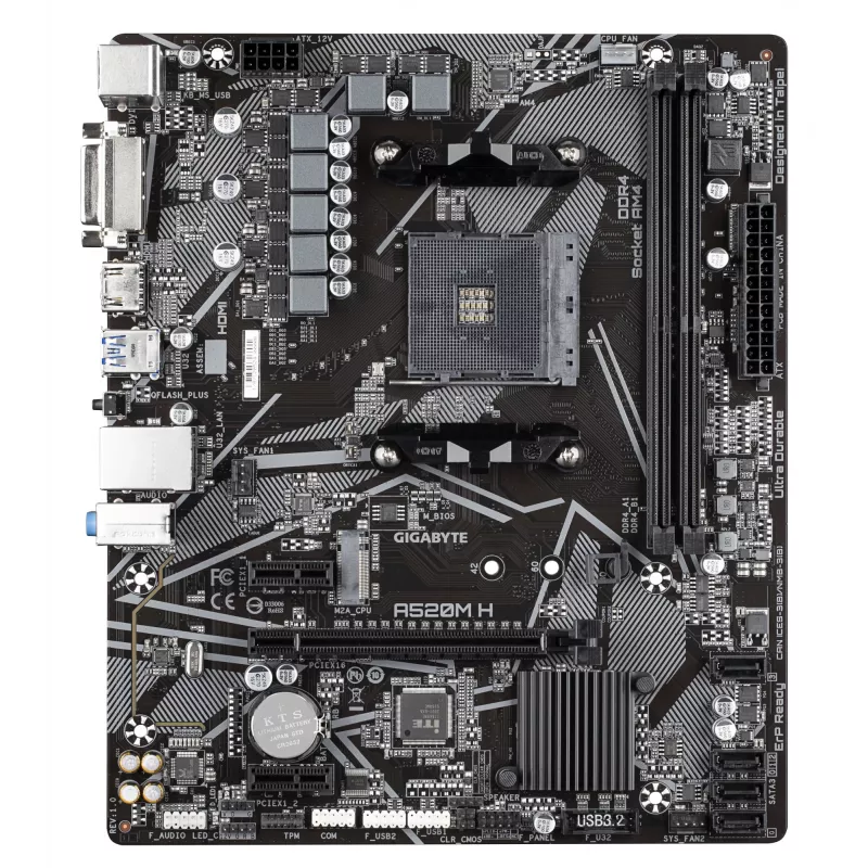 Placa-mãe GIGABYTE A520M H - Suporta CPUs AMD Ryzen 5000 Série AM4, VRM Pure Digital 4+3 fases, até 5100 MHz DDR4 (OC), PCIe 3.0 x4 M.2, GbE LAN, USB 3.2 Gen 1