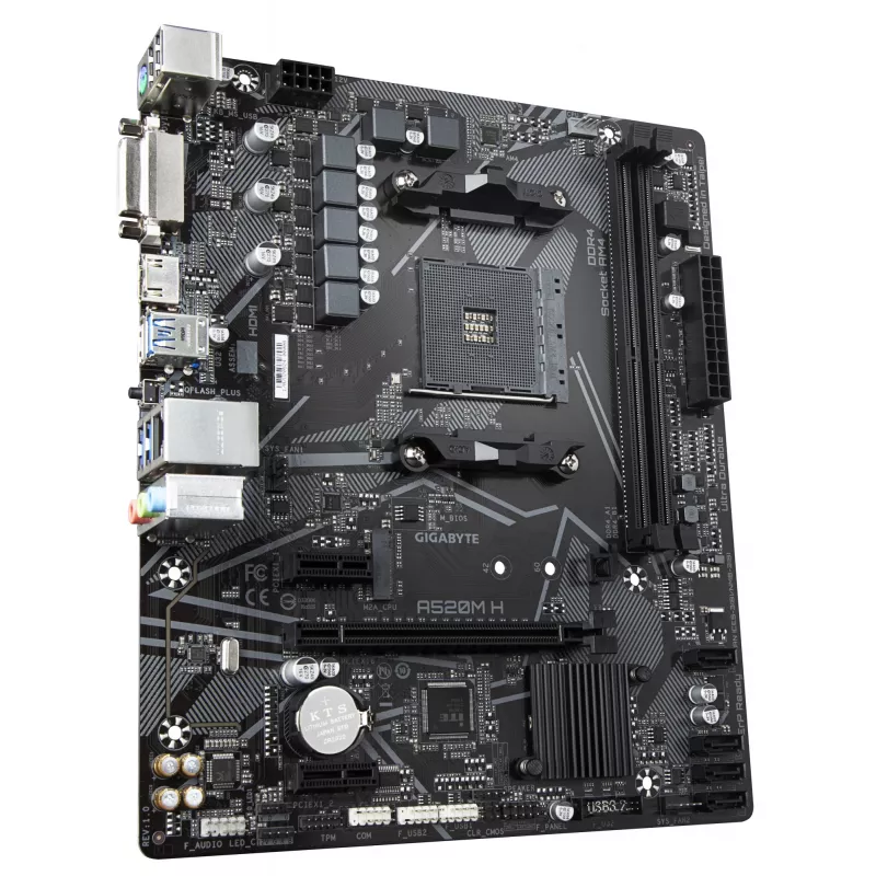Placa-mãe GIGABYTE A520M H - Suporta CPUs AMD Ryzen 5000 Série AM4, VRM Pure Digital 4+3 fases, até 5100 MHz DDR4 (OC), PCIe 3.0 x4 M.2, GbE LAN, USB 3.2 Gen 1